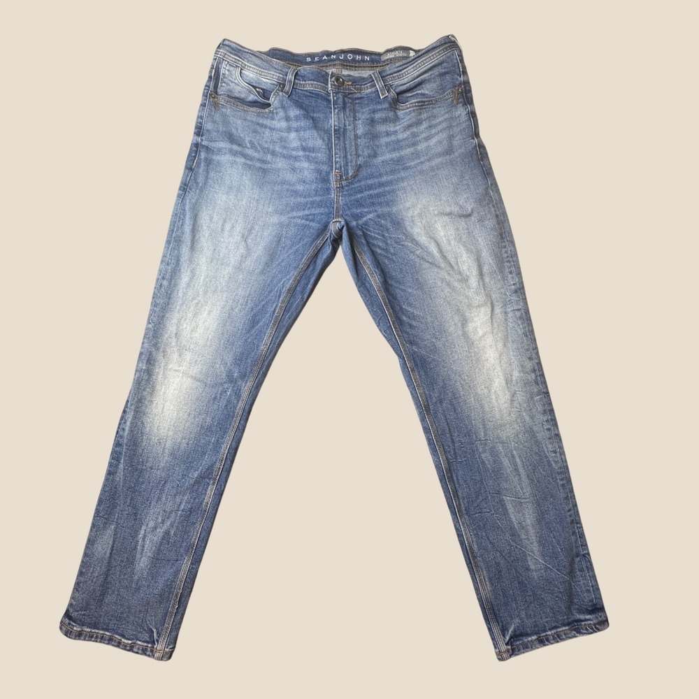 Sean John Jeans Mens 34x30 (36x29) Athlete Tapered Stretch Blue Denim Whiskered